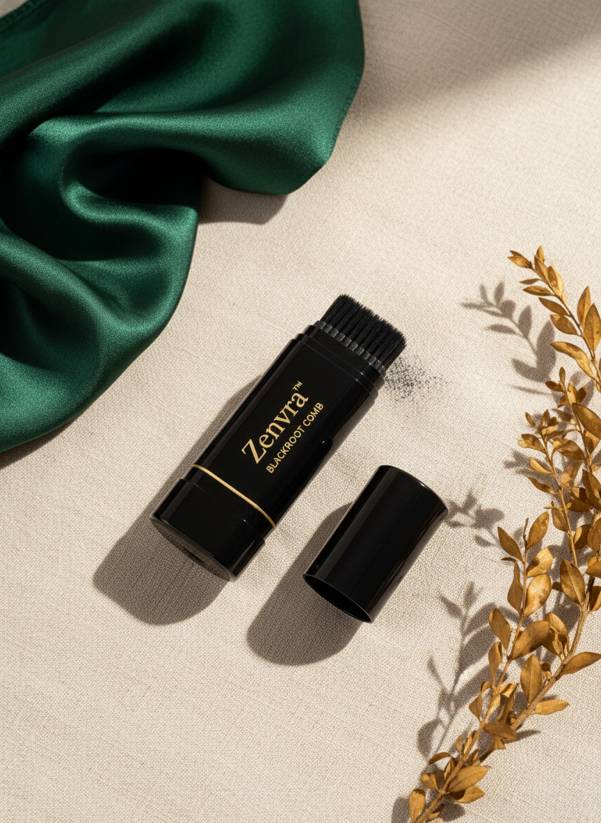 A Zenvra BlackRoot Comb, matte black with a precision comb applicator, rests on a warm cream surface with soft forest green a