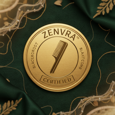 A circular gold seal with an embossed illustration of the Zenvra BlackRoot Comb, on a forest green background.